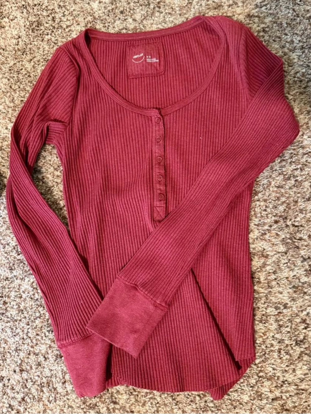 aerie Ribbed Henley Long Sleeve Top - Burgundy